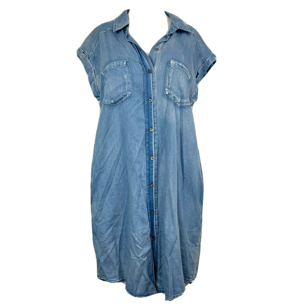 She + Sky Dress Womens Sz S Blue Chambray Shirt Button Up Pockets Short Denim